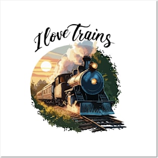 I Love Trains, Retro Train Sunset Posters and Art